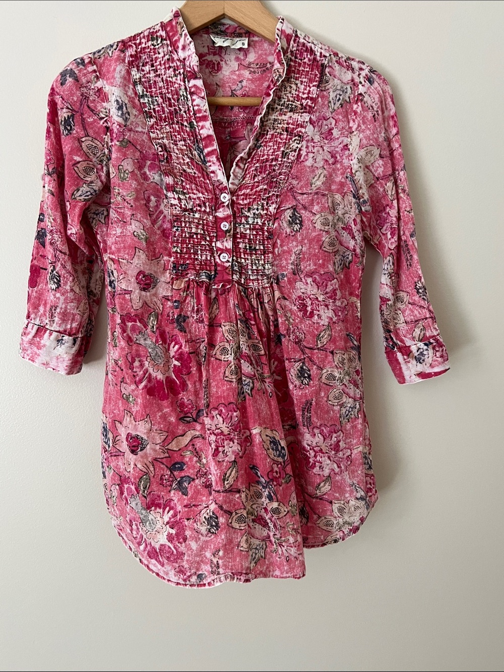 Vintage Goa | Floral Pink Women's Pintuck Tunic with Button Placket Size S
